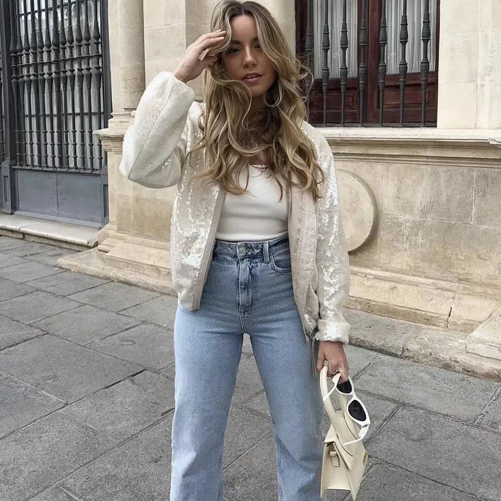 Loose Casual Sequin Zipper Femme Streetwear Solid Summer Jacket