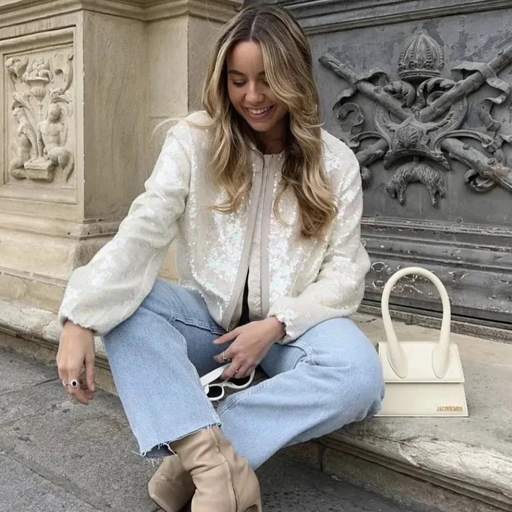 Loose Casual Sequin Zipper Femme Streetwear Solid Summer Jacket