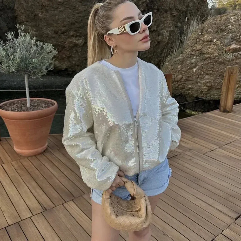 Loose Casual Sequin Zipper Femme Streetwear Solid Summer Jacket