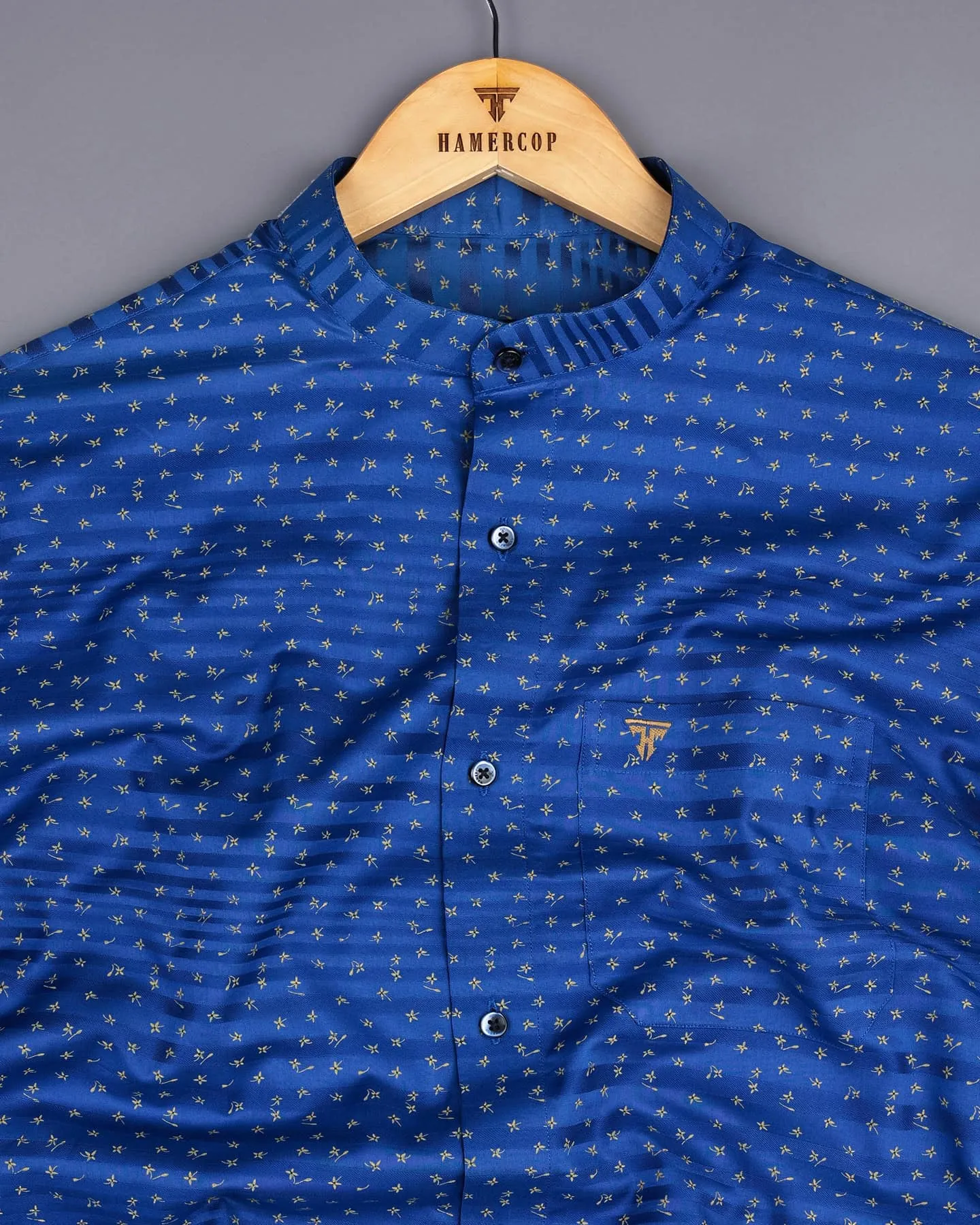 Mentha Blue Printed Self Weft Stripe Dobby Cotton Shirt