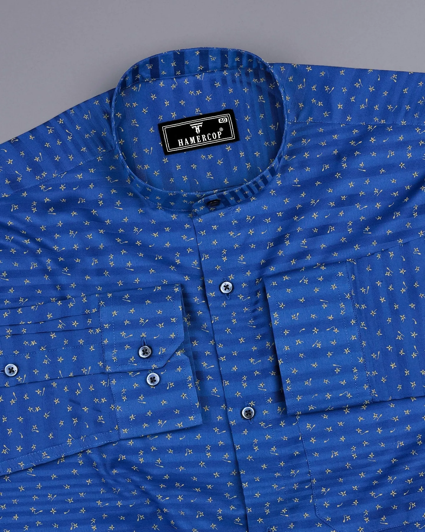 Mentha Blue Printed Self Weft Stripe Dobby Cotton Shirt