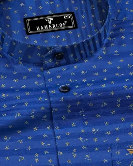 Mentha Blue Printed Self Weft Stripe Dobby Cotton Shirt