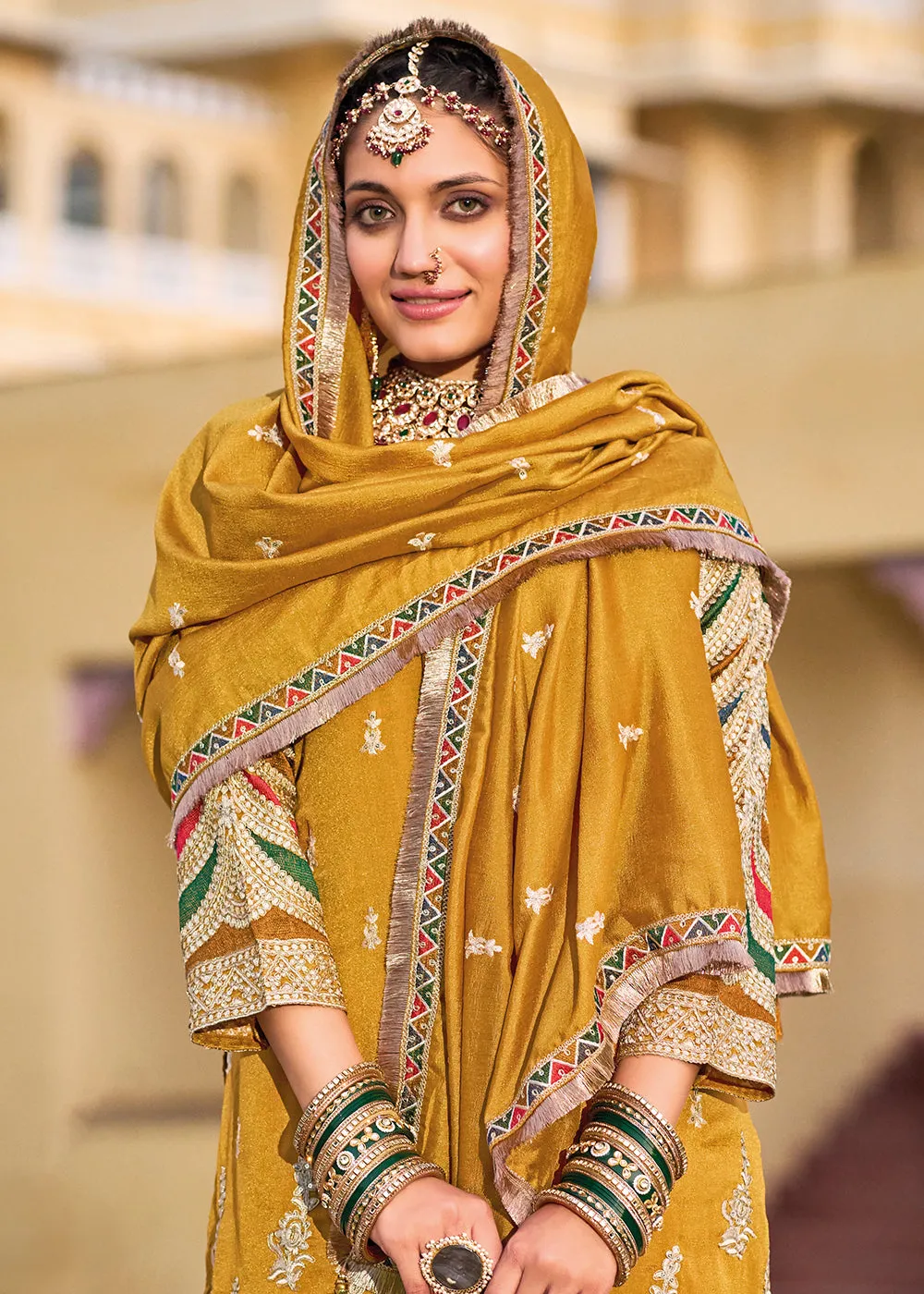 Mustard Premium Silk Embroidered Festive Ready Palazzo Suit