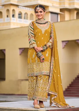Mustard Premium Silk Embroidered Festive Ready Palazzo Suit