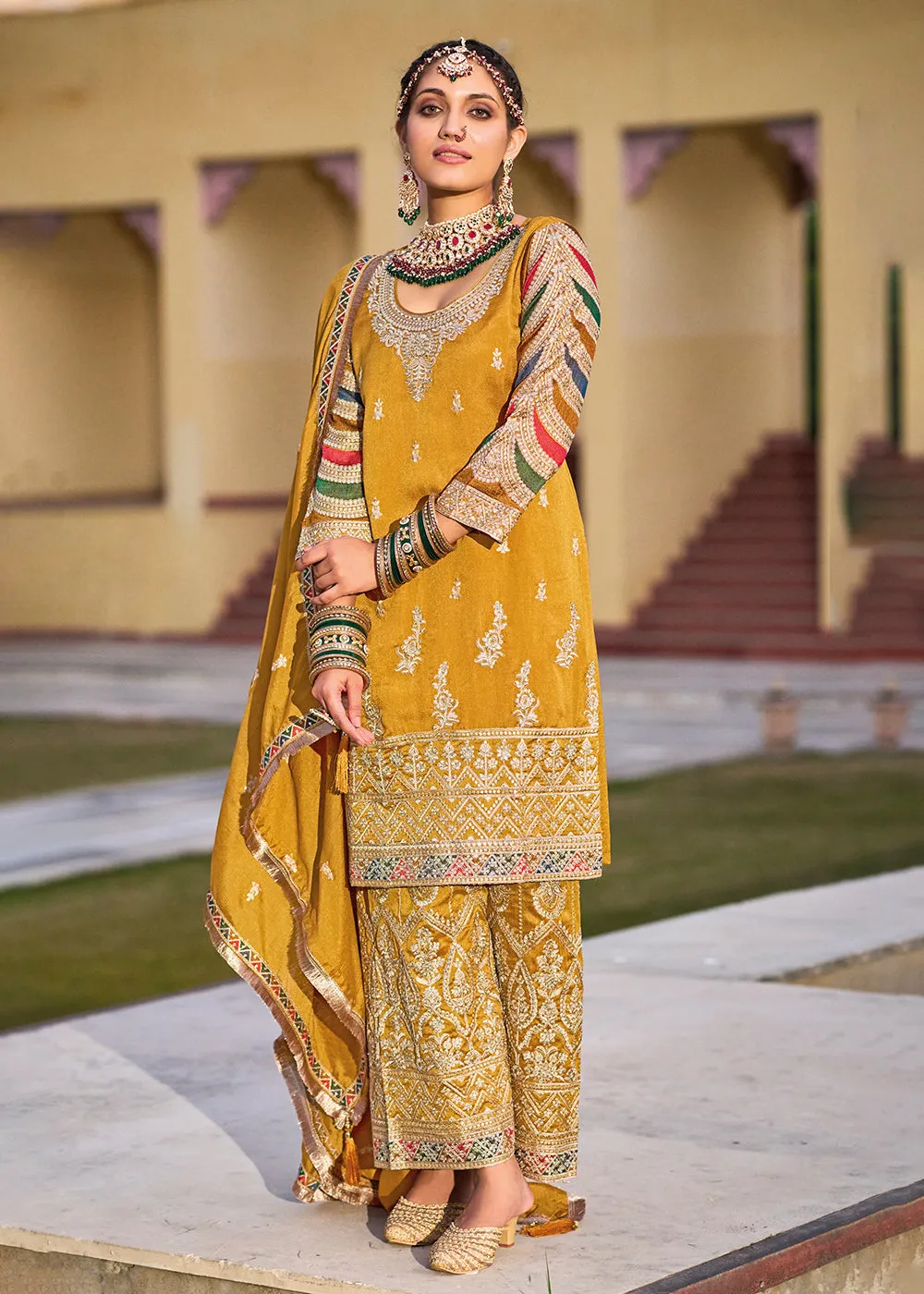 Mustard Premium Silk Embroidered Festive Ready Palazzo Suit