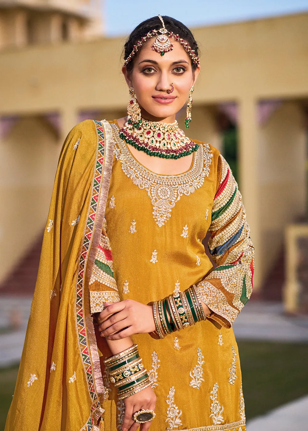 Mustard Premium Silk Embroidered Festive Ready Palazzo Suit