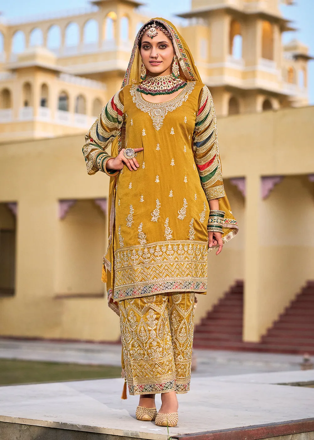 Mustard Premium Silk Embroidered Festive Ready Palazzo Suit