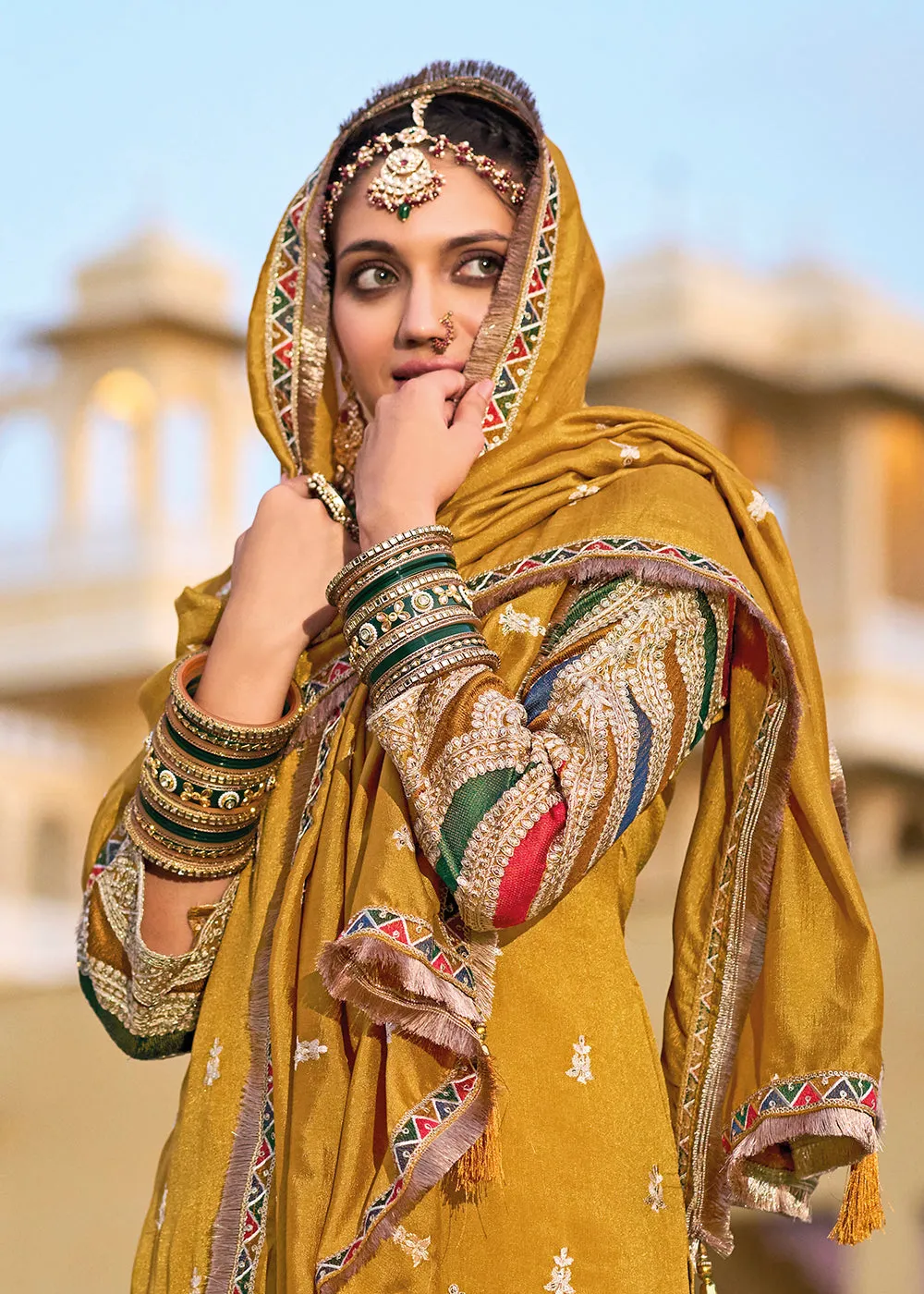Mustard Premium Silk Embroidered Festive Ready Palazzo Suit