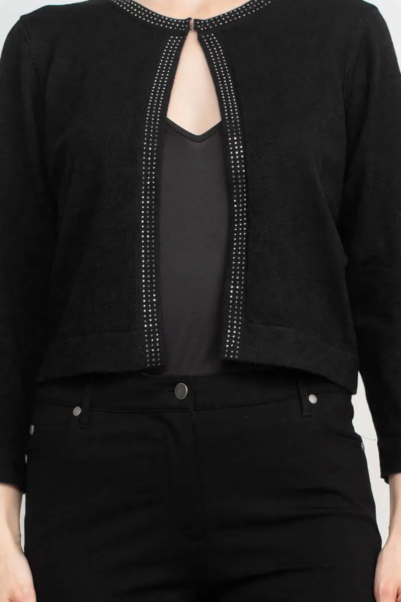 Nina Leonard Round Neck Embellished Open Front Long Sleeve Jacket