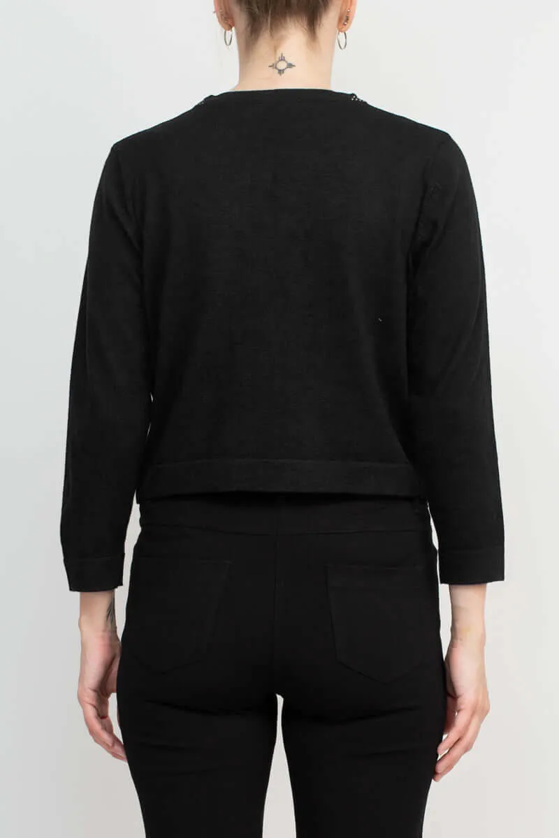 Nina Leonard Round Neck Embellished Open Front Long Sleeve Jacket