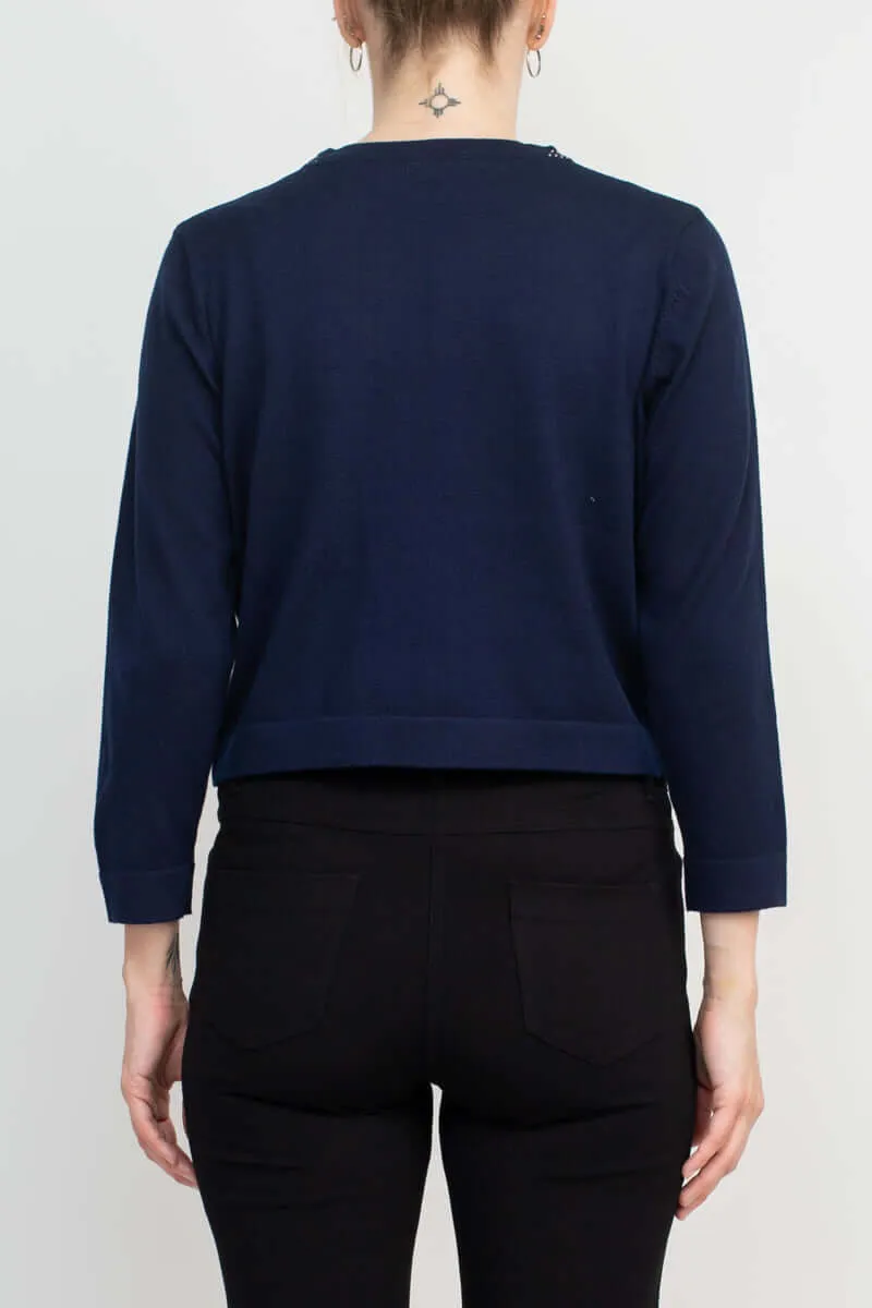 Nina Leonard Round Neck Embellished Open Front Long Sleeve Jacket