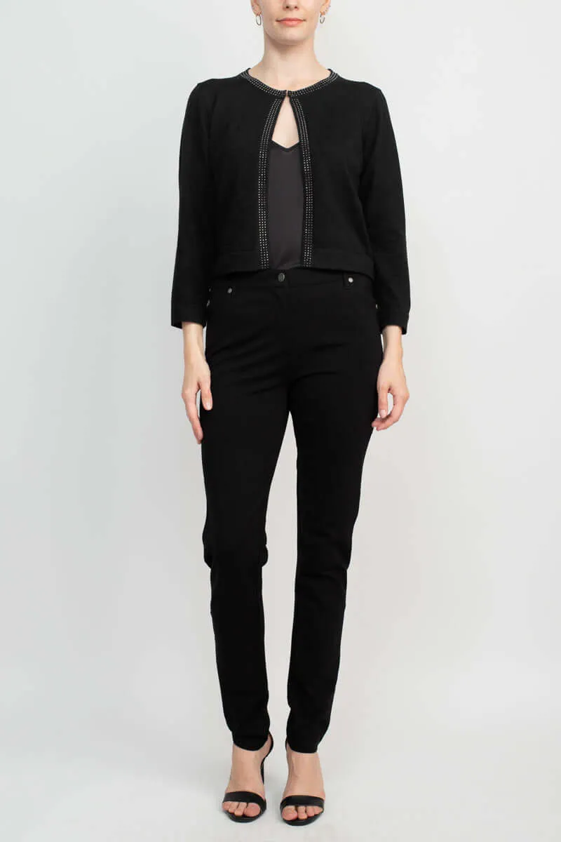 Nina Leonard Round Neck Embellished Open Front Long Sleeve Jacket