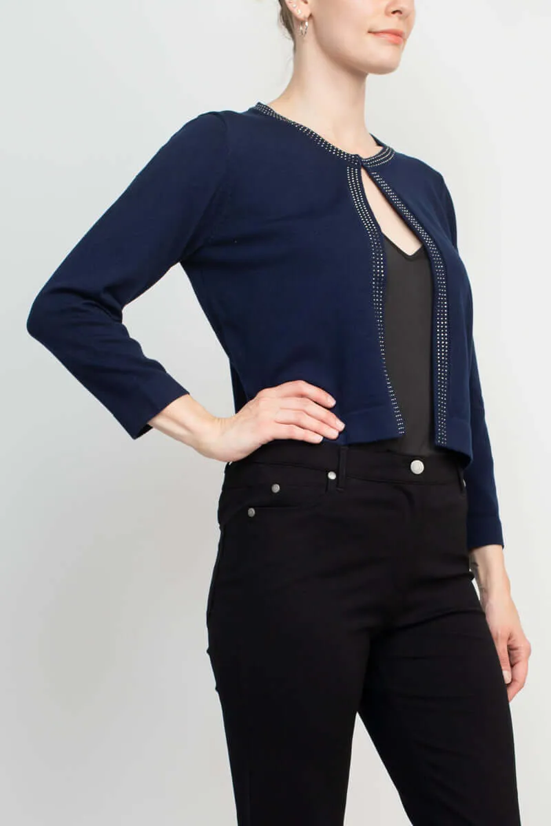 Nina Leonard Round Neck Embellished Open Front Long Sleeve Jacket