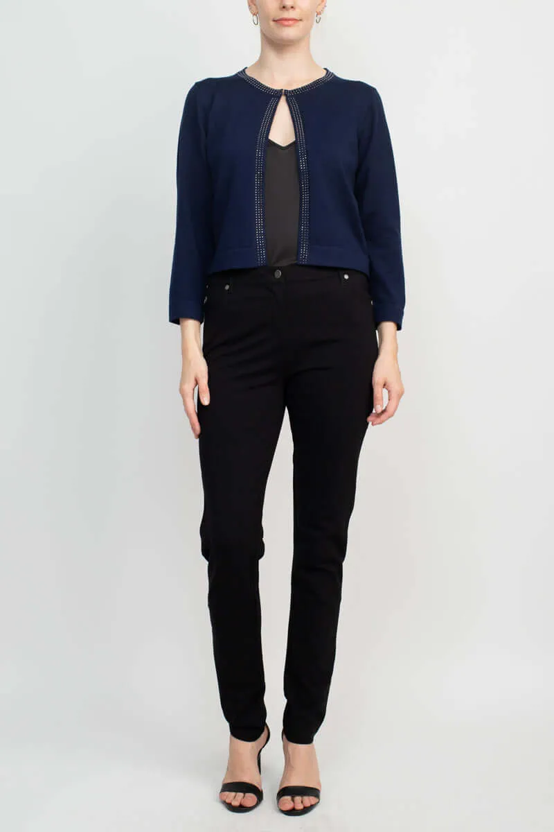 Nina Leonard Round Neck Embellished Open Front Long Sleeve Jacket