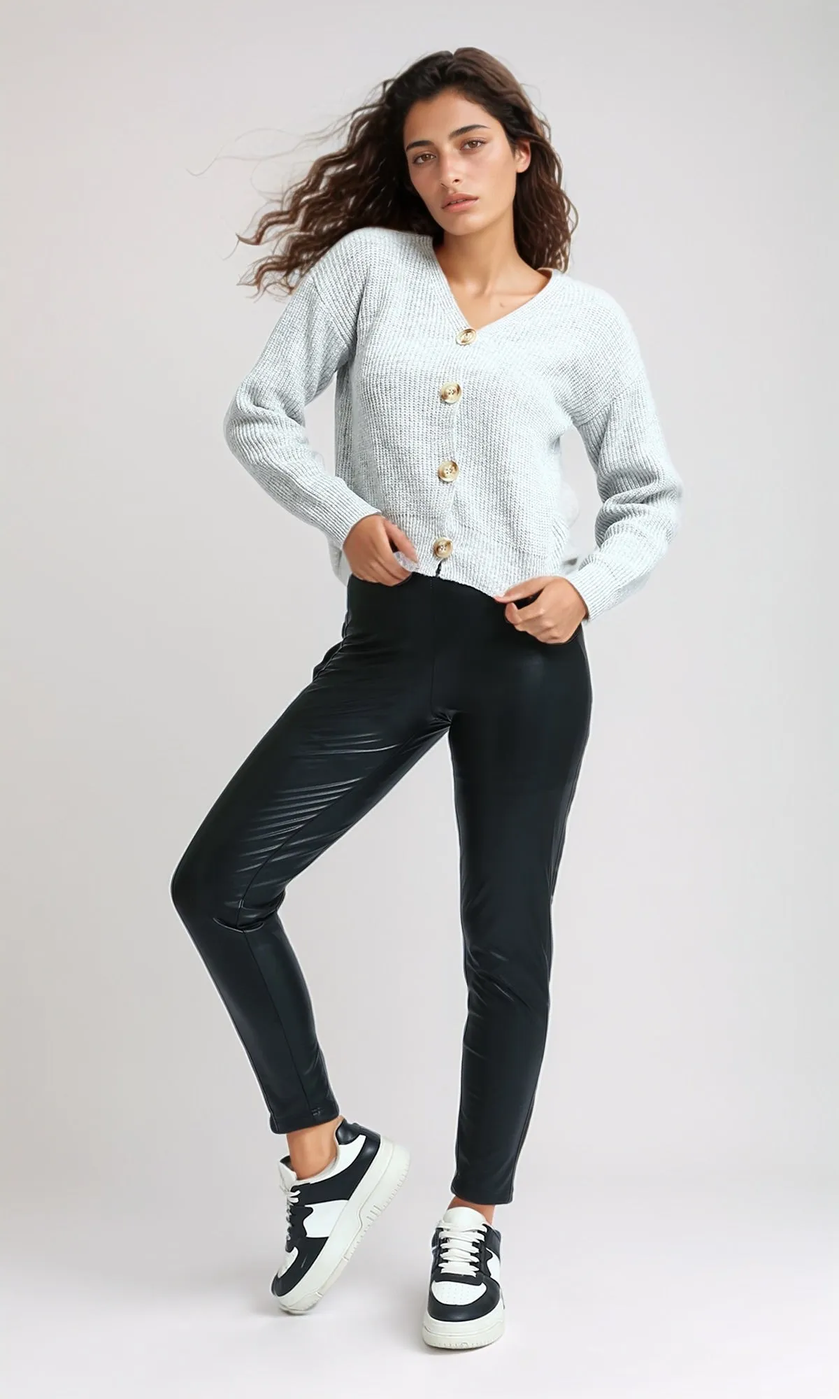 O200791 - Solid Faux Leather Leggings - Black