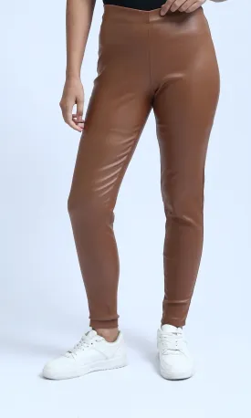 O200913 - Solid Faux Leather Leggings - Brown