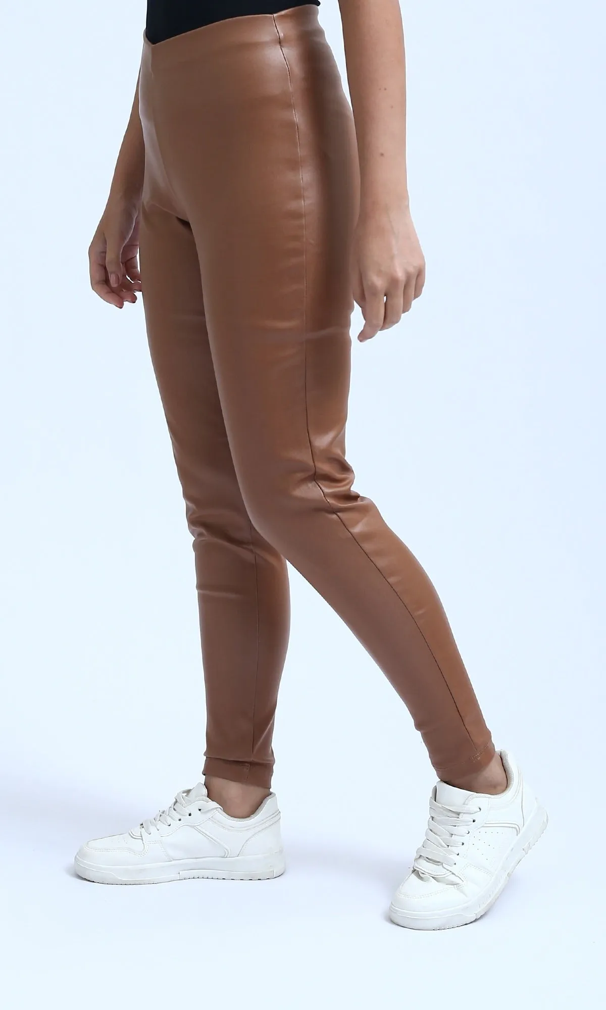 O200913 - Solid Faux Leather Leggings - Brown