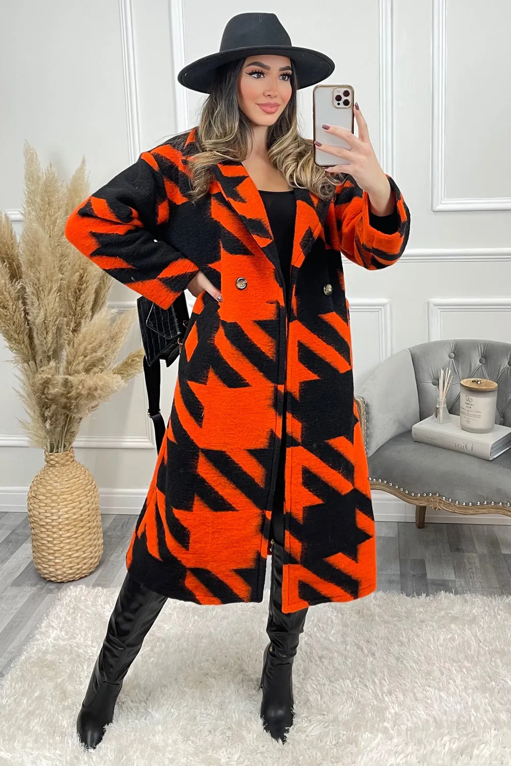Orange and Black Dogtooth Knitted Longline Coat