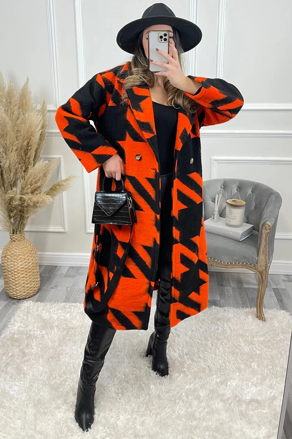 Orange and Black Dogtooth Knitted Longline Coat