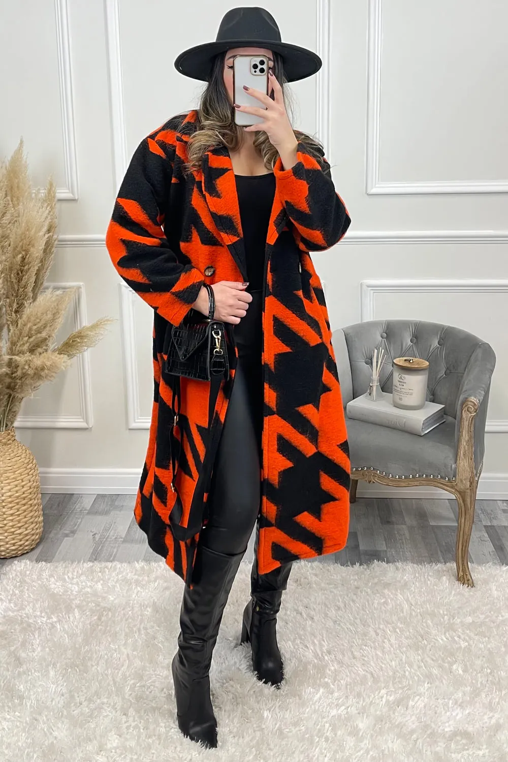 Orange and Black Dogtooth Knitted Longline Coat