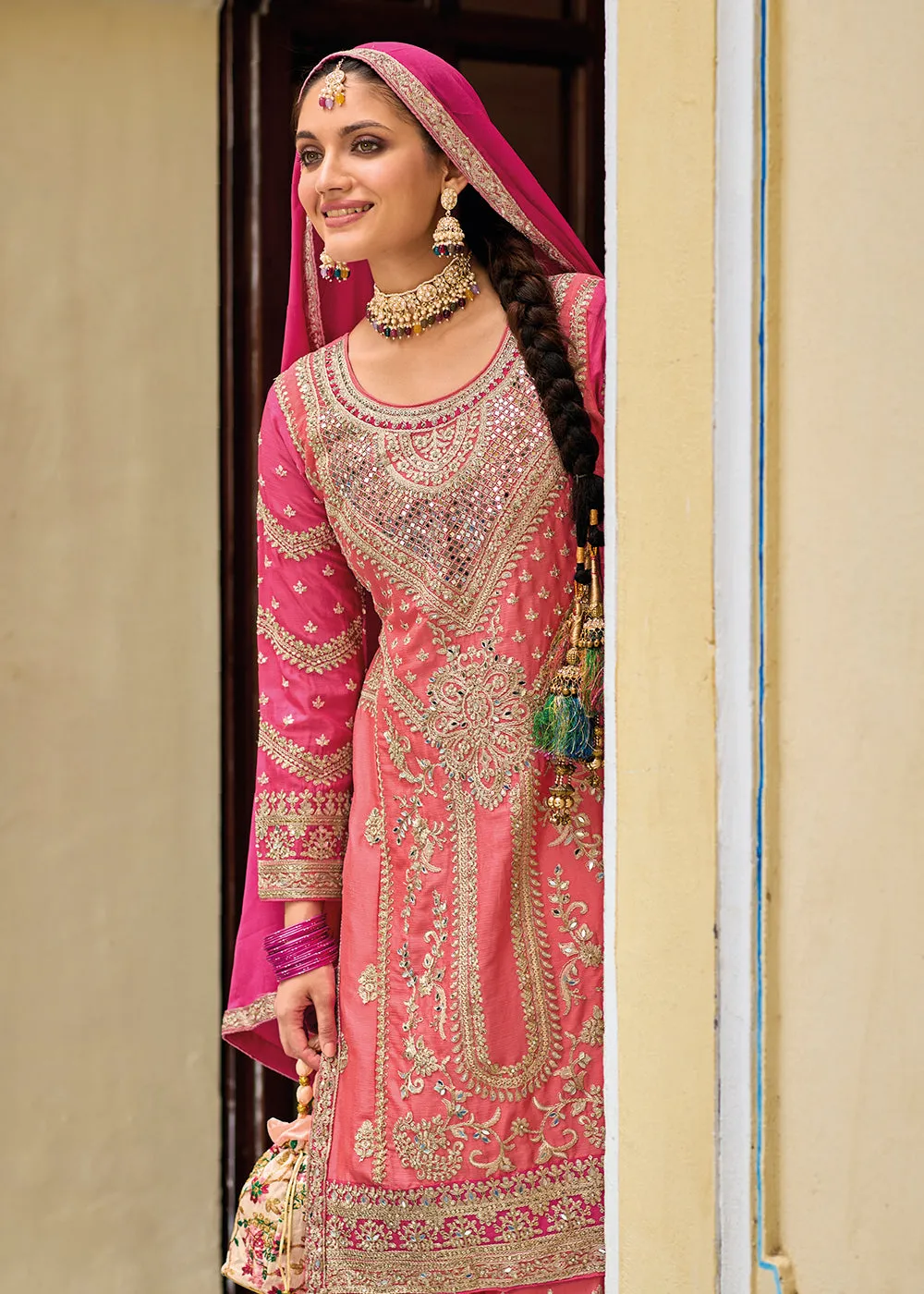 Palazzo Style Chinnon Pink Embroidered Festive Suit
