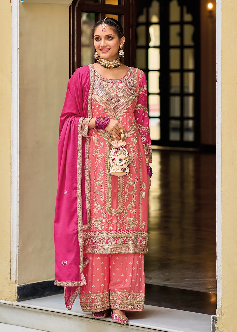 Palazzo Style Chinnon Pink Embroidered Festive Suit