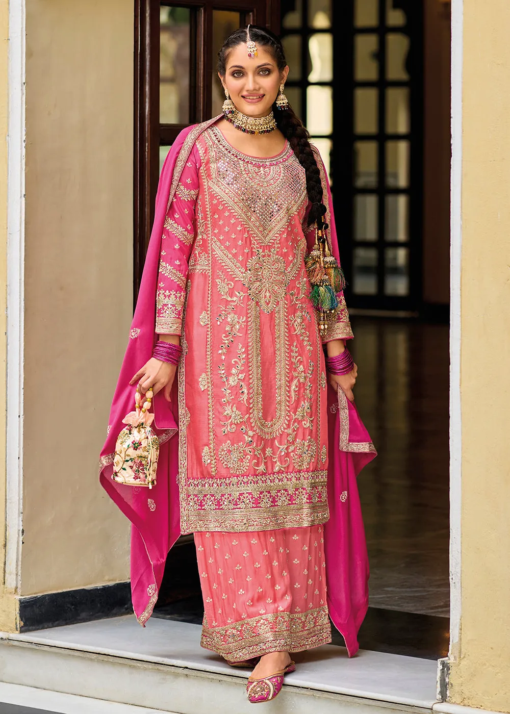 Palazzo Style Chinnon Pink Embroidered Festive Suit