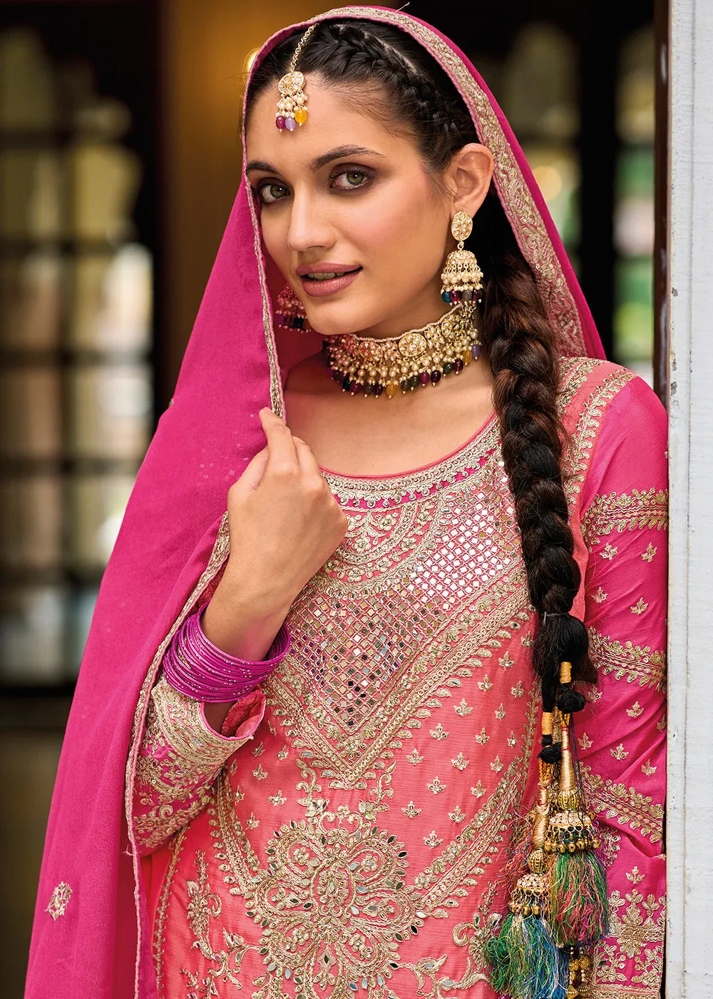 Palazzo Style Chinnon Pink Embroidered Festive Suit