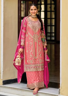 Palazzo Style Chinnon Pink Embroidered Festive Suit