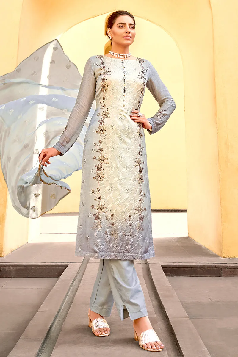 Pant Style Grey & Cream Embroidered Pure Viscose Suit