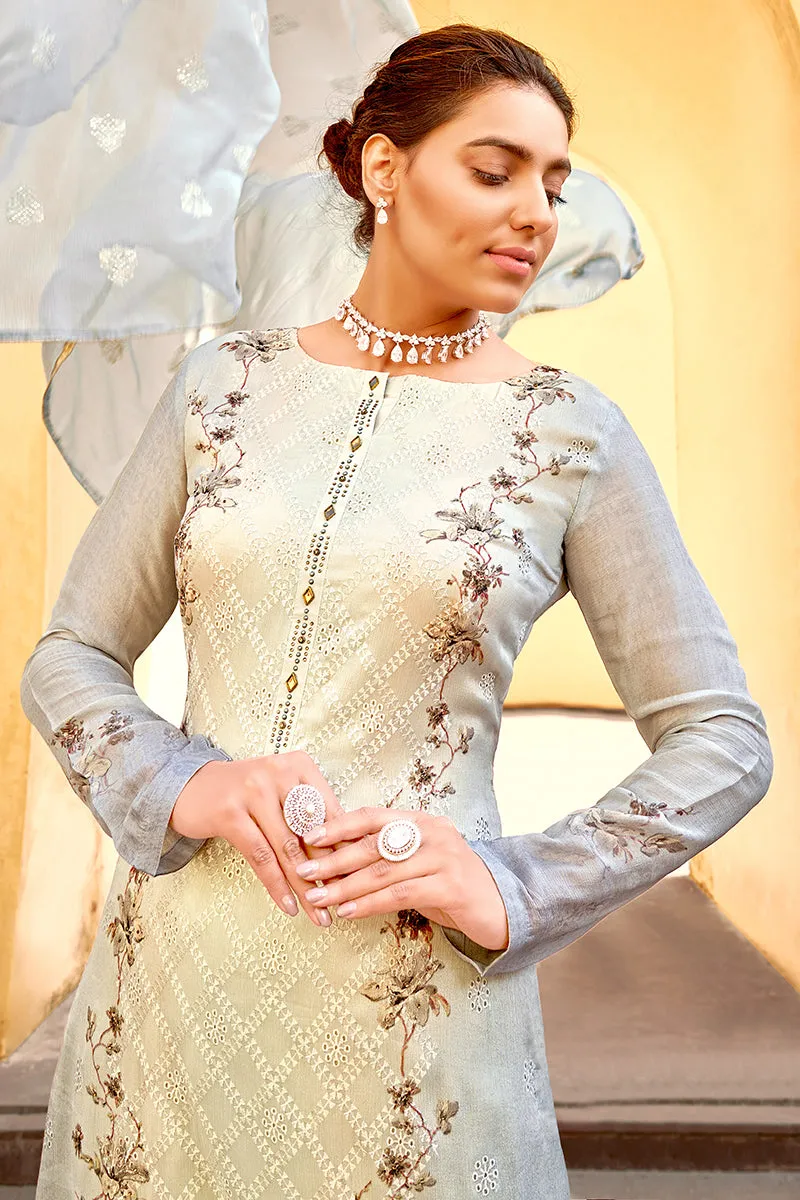 Pant Style Grey & Cream Embroidered Pure Viscose Suit