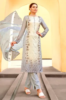 Pant Style Grey & Cream Embroidered Pure Viscose Suit