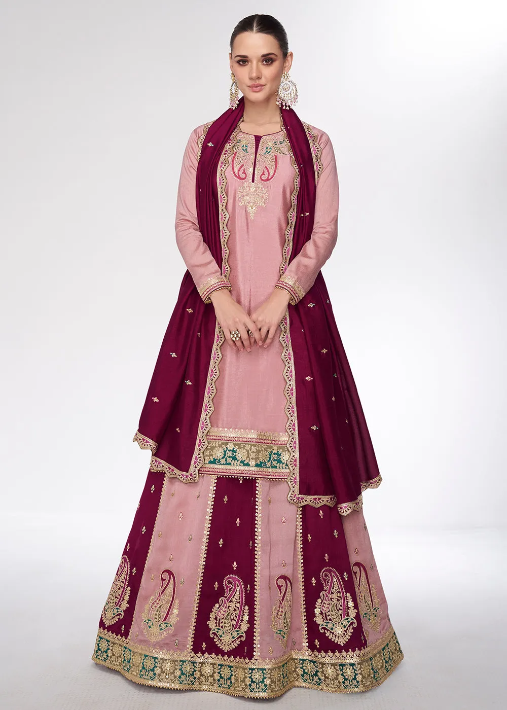 Peach Embroidred Wedding Lehenga Kurti Set