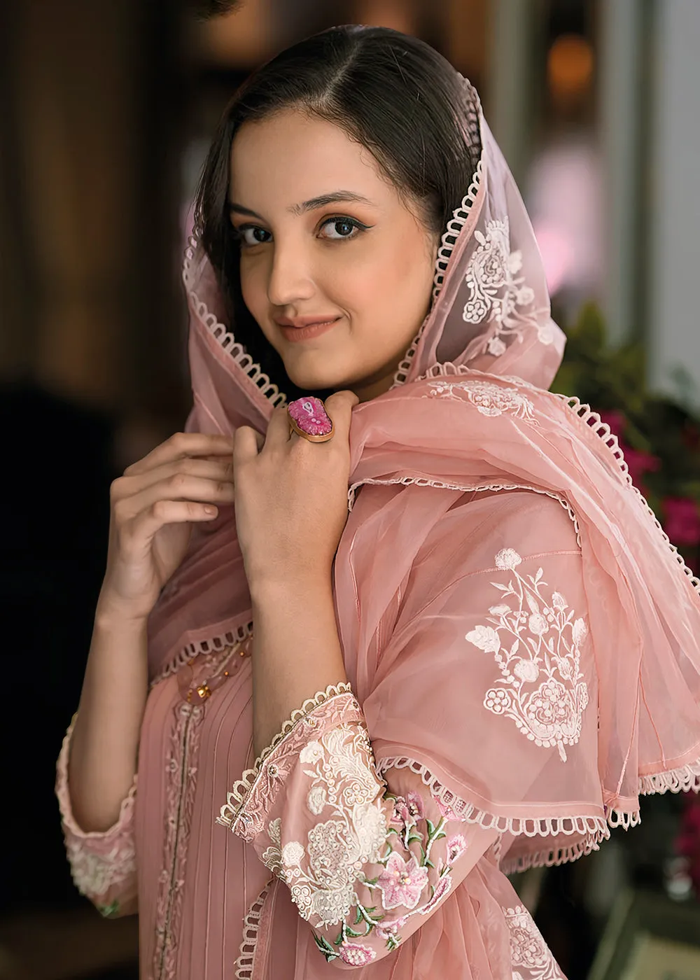Peach Organza Fancy Khatli Work Pakistani Style Suit