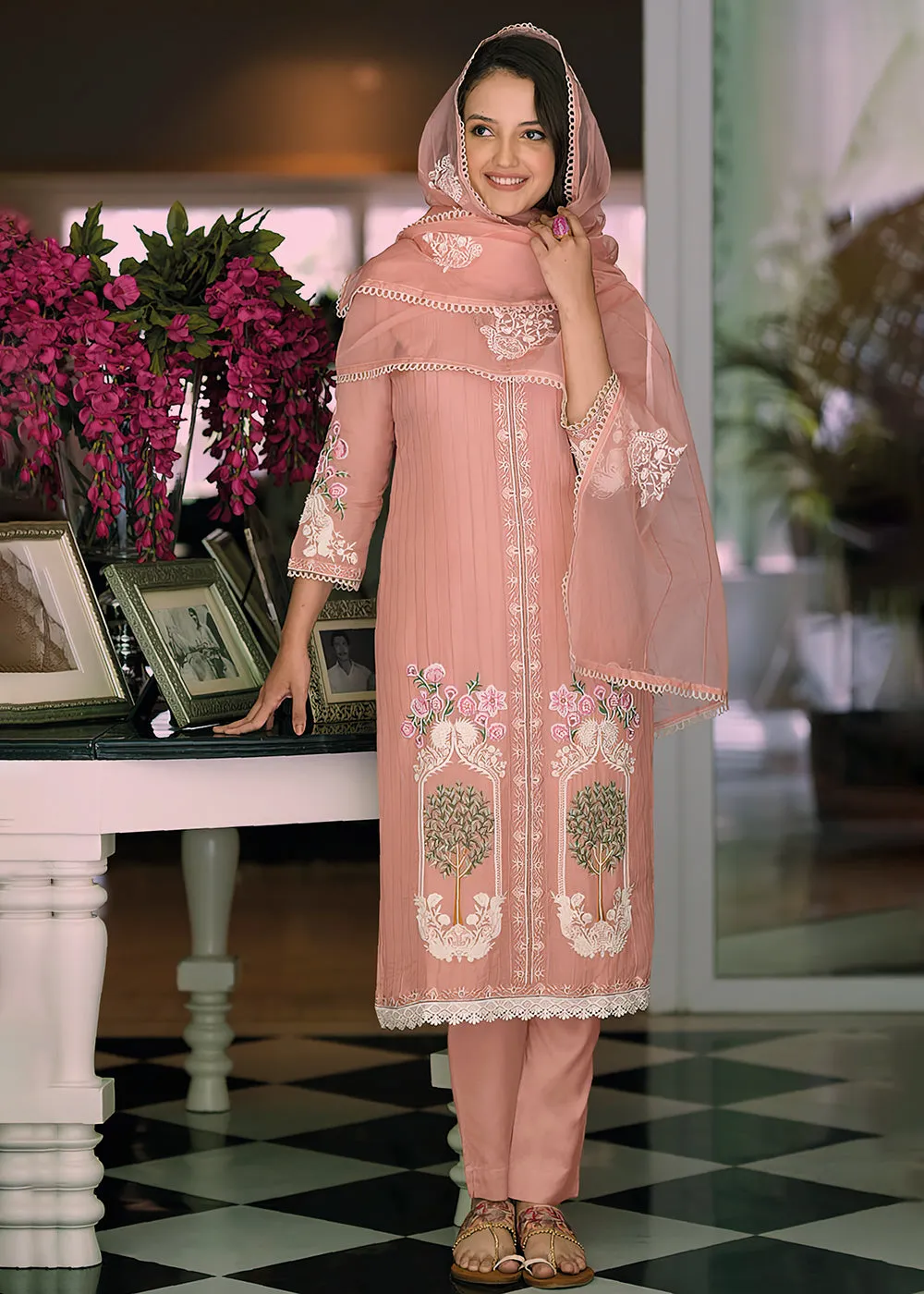 Peach Organza Fancy Khatli Work Pakistani Style Suit