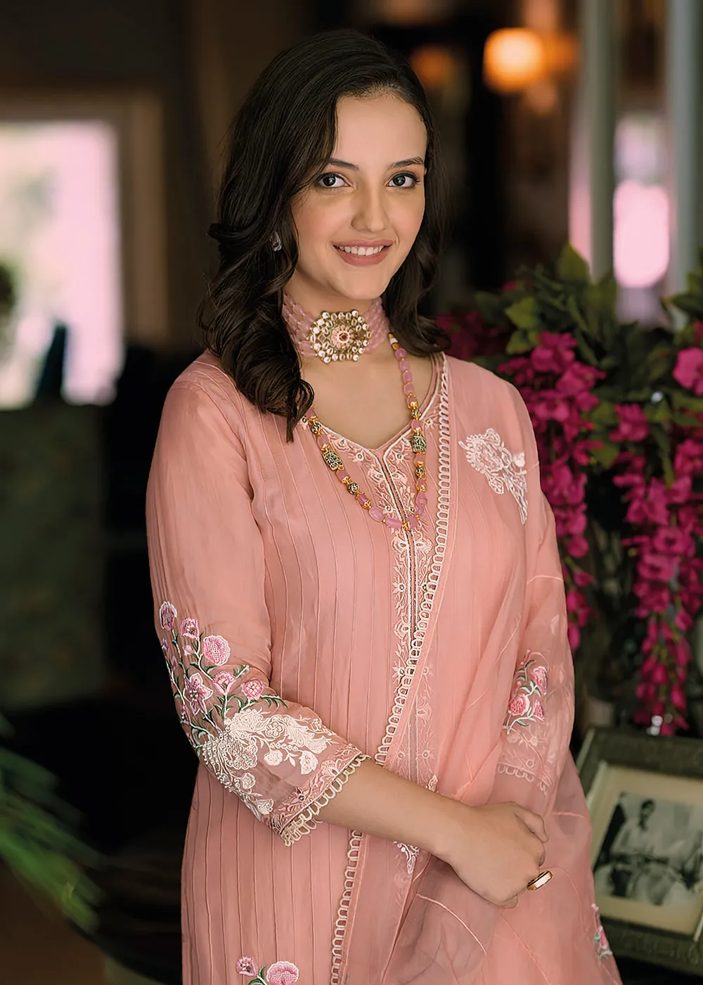 Peach Organza Fancy Khatli Work Pakistani Style Suit