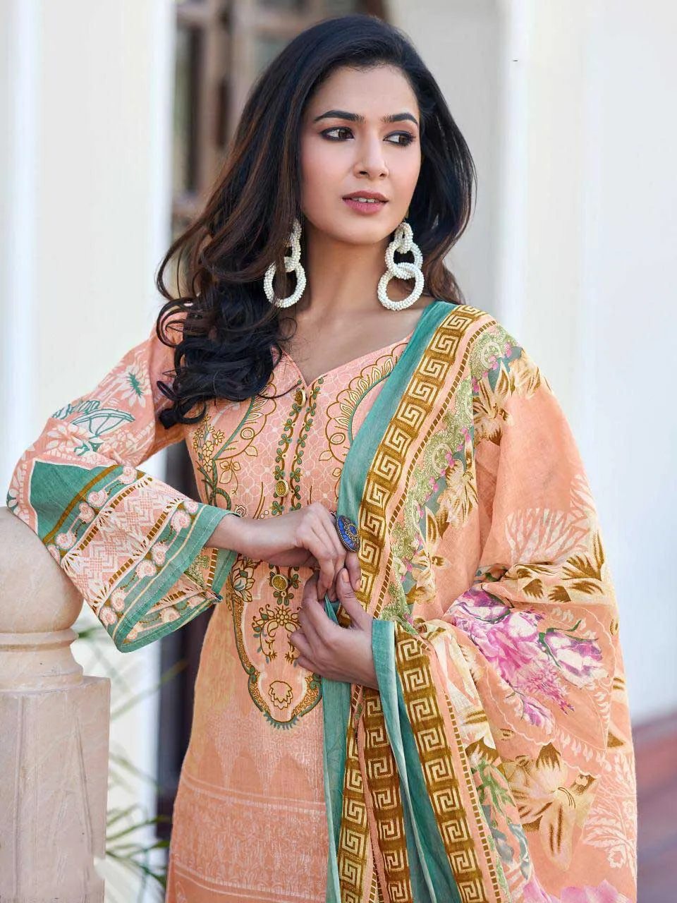 Peach Pakistani Style Lawn Cotton Suit Material for Women