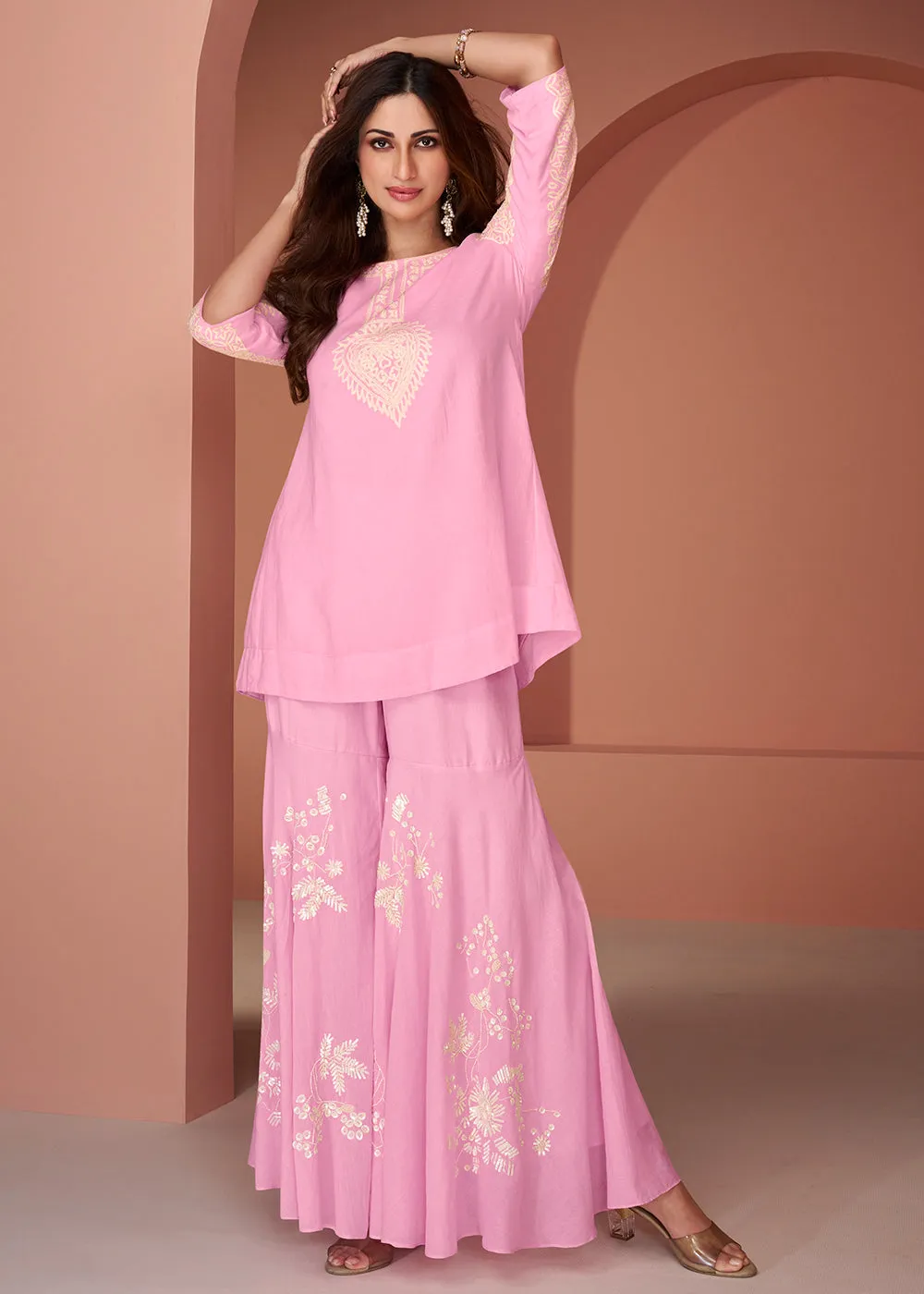 Pink Cotton Silk Party Wear Indo-Western Co-Ords Set