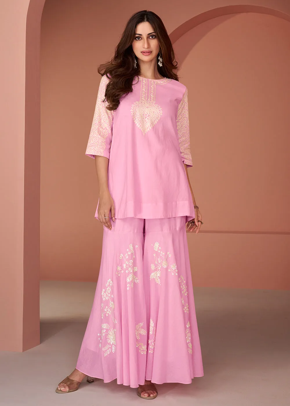 Pink Cotton Silk Party Wear Indo-Western Co-Ords Set