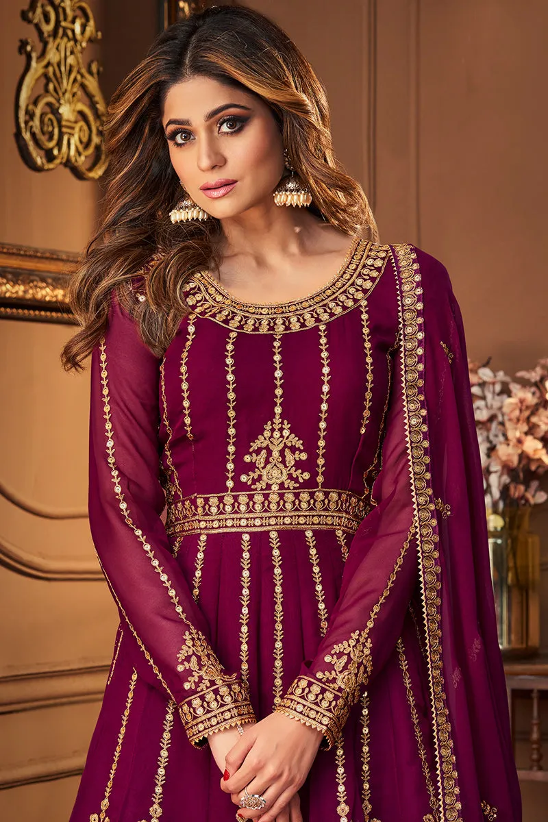 Plum Purple Skirt Style Embroidered Georgette Lehenga Suit