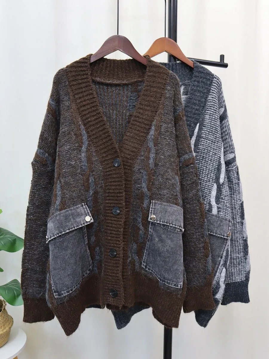 Pre Order:  Spliced Denim Pocket Knit Cardigan