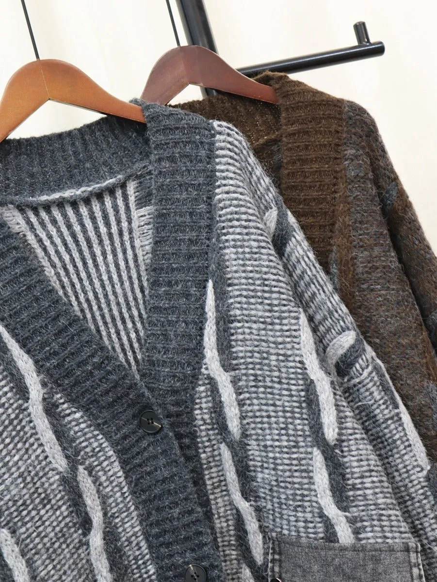 Pre Order:  Spliced Denim Pocket Knit Cardigan