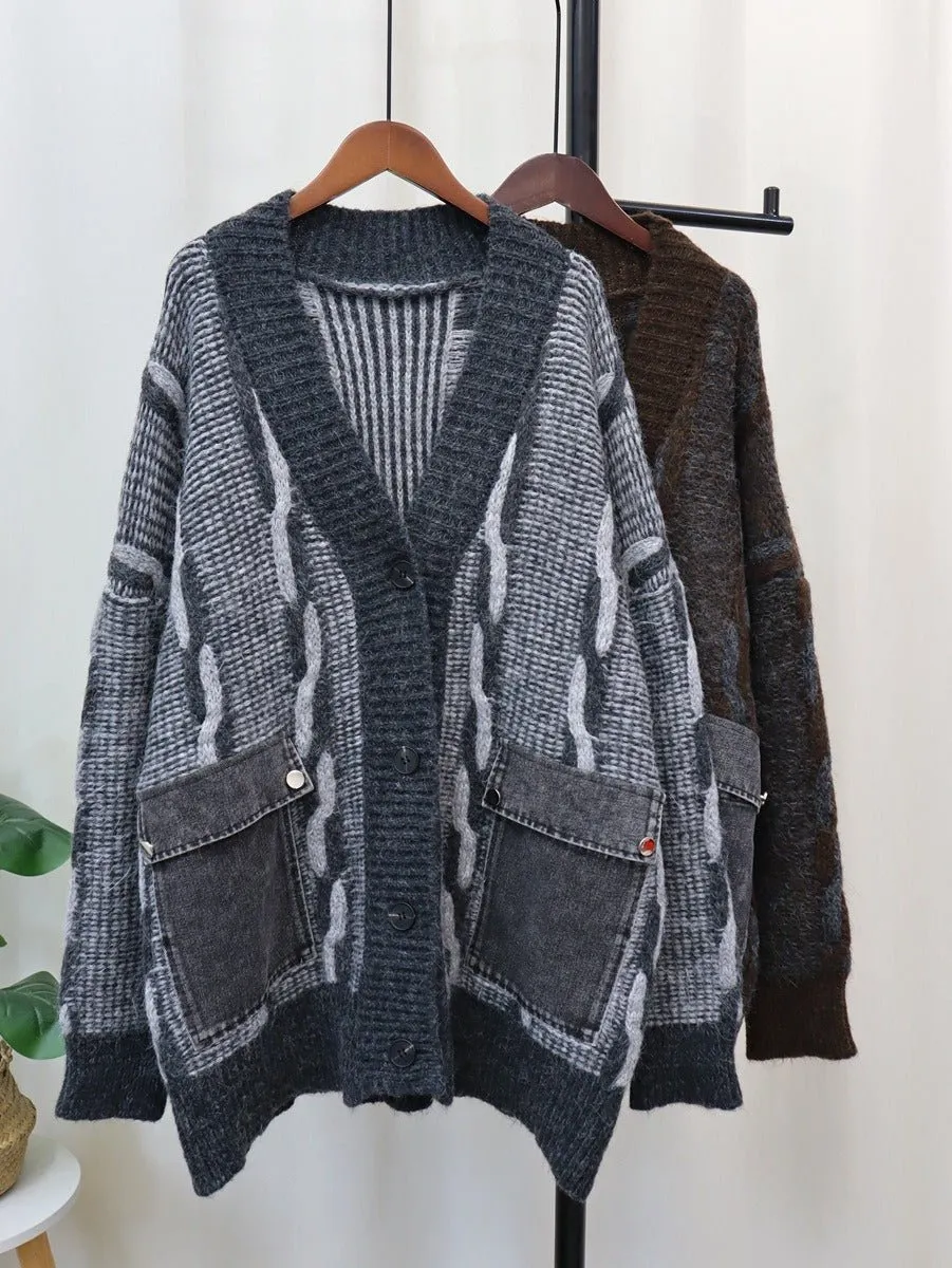 Pre Order:  Spliced Denim Pocket Knit Cardigan
