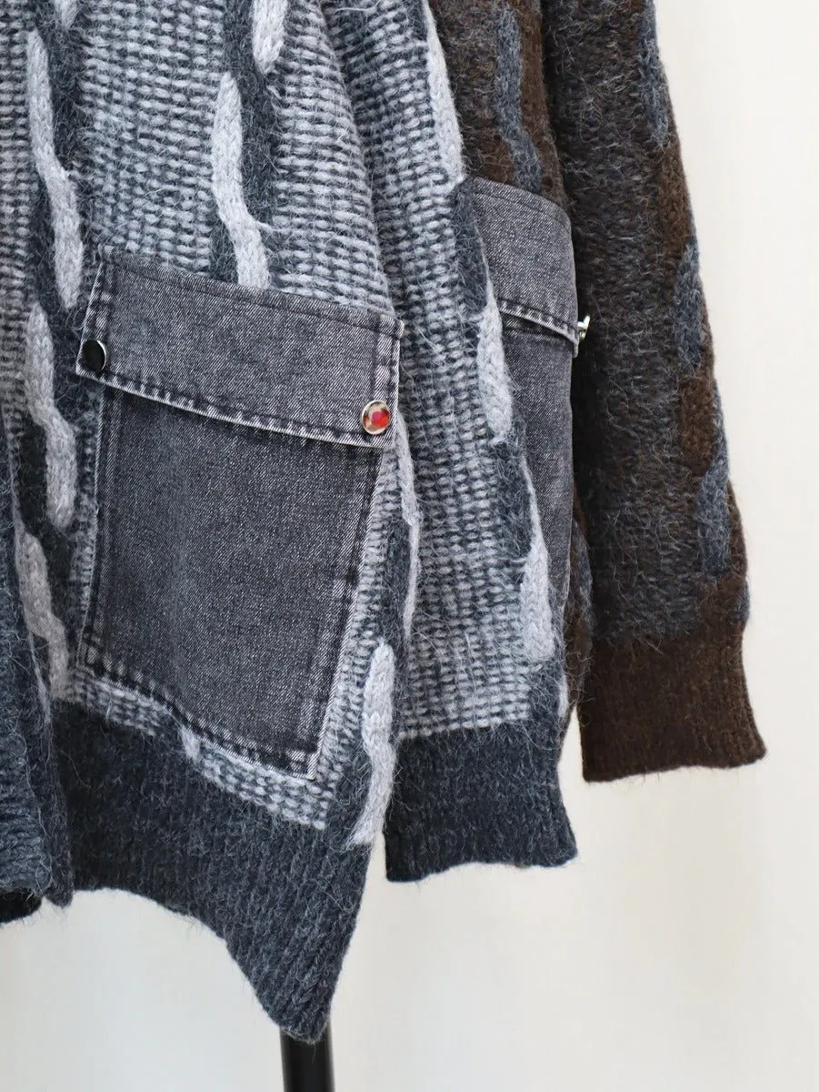 Pre Order:  Spliced Denim Pocket Knit Cardigan