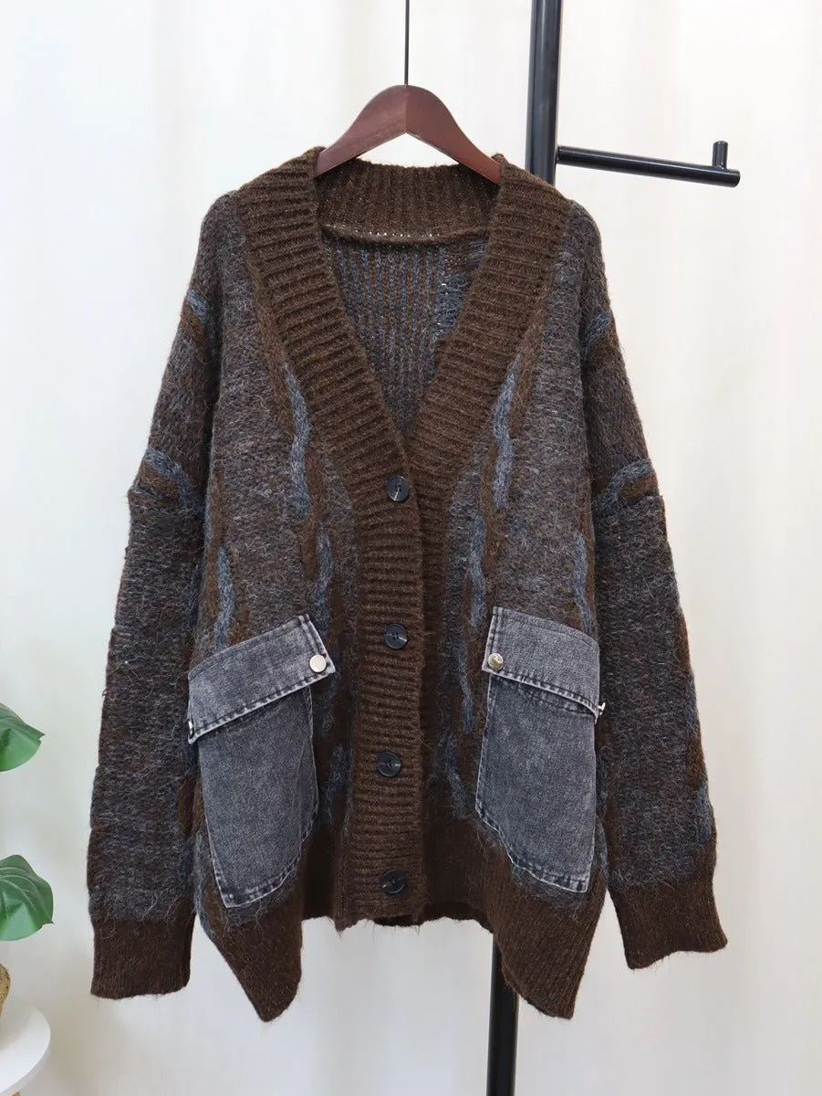 Pre Order:  Spliced Denim Pocket Knit Cardigan