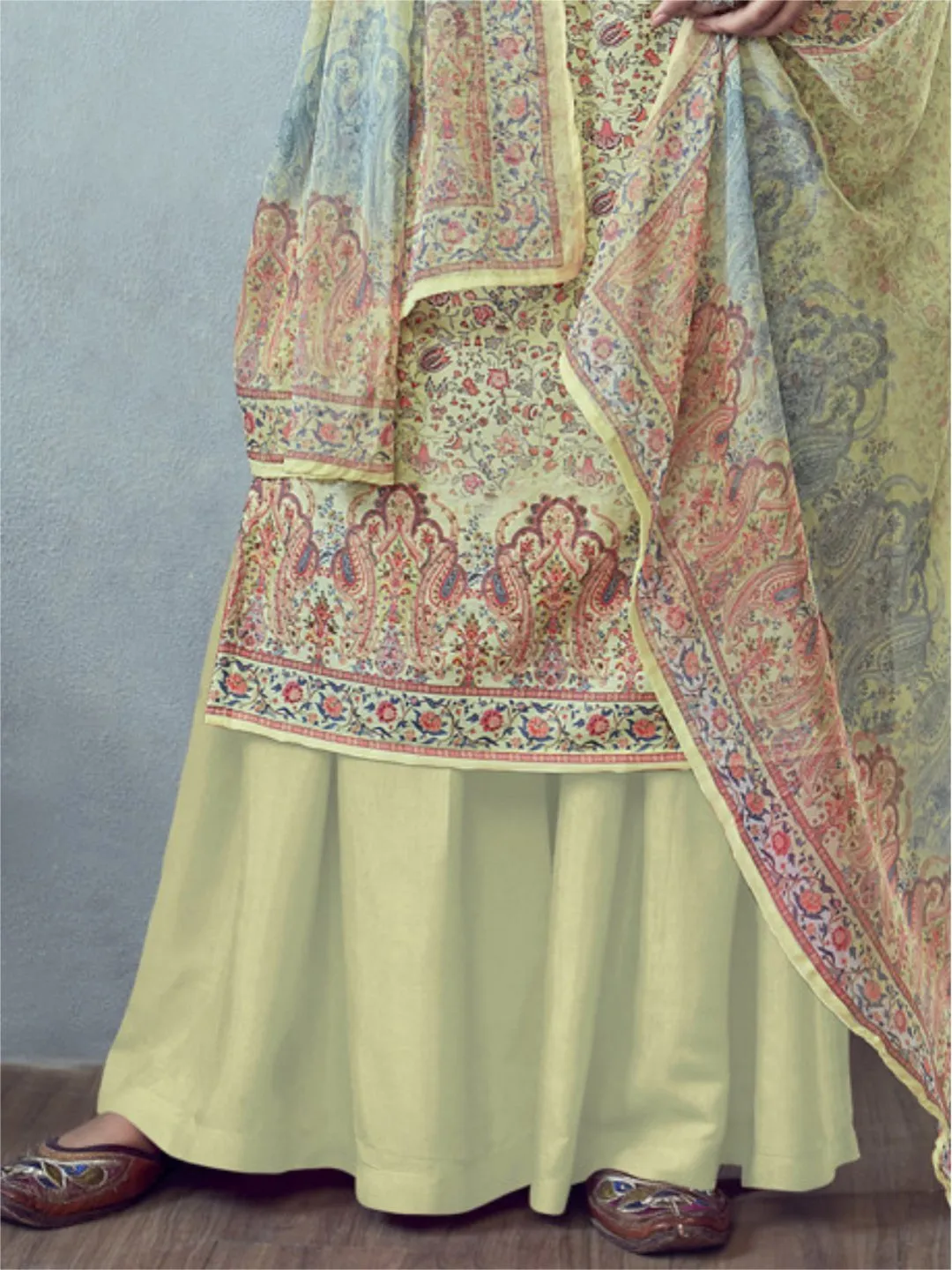 Printed Un-Stitched Light Yellow Palazzo Suit with Dupatta