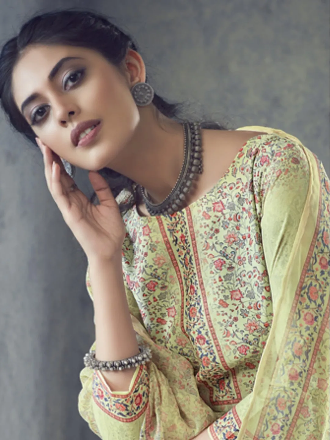 Printed Un-Stitched Light Yellow Palazzo Suit with Dupatta
