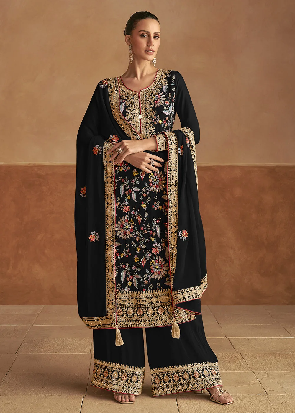 Real Chinnon Silk Black Embellished Festive Palazzo Suit