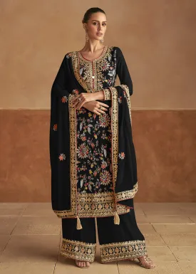 Real Chinnon Silk Black Embellished Festive Palazzo Suit