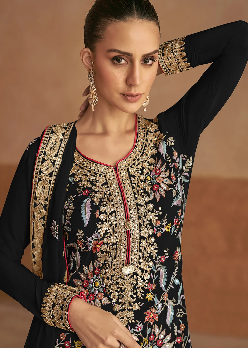 Real Chinnon Silk Black Embellished Festive Palazzo Suit